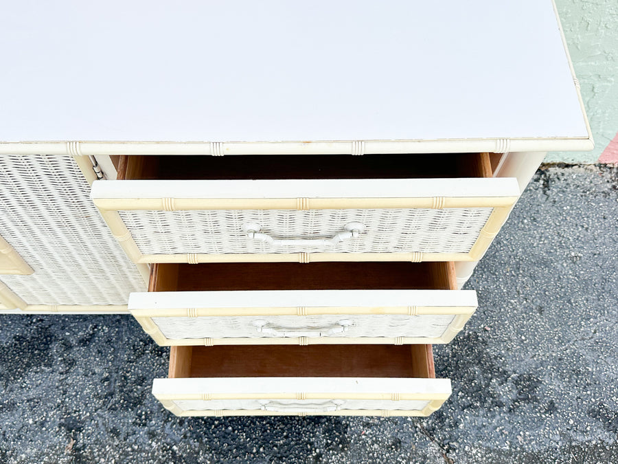 Yellow and White Faux Bamboo and Rattan Dresser