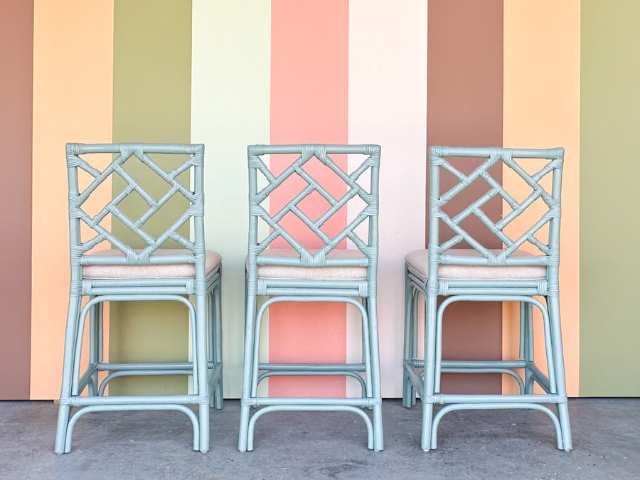 Set of Three Chippendale Rattan Counter Stools