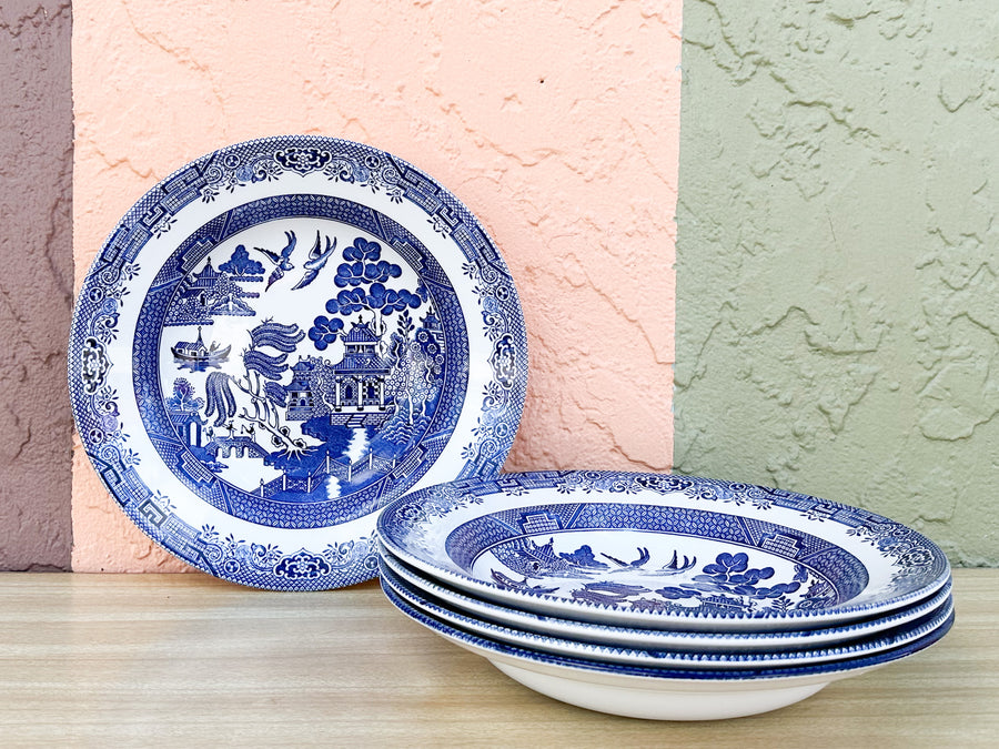 Set of Four Blue and White Pagoda Serving Bowls