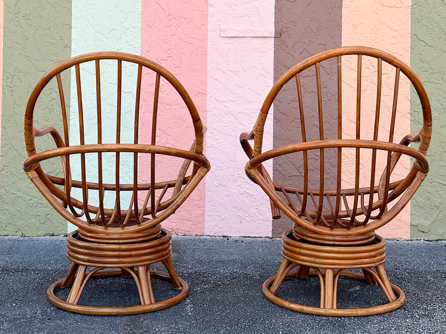 Pair of Old Florida Rattan Swivel Chairs and Ottoman