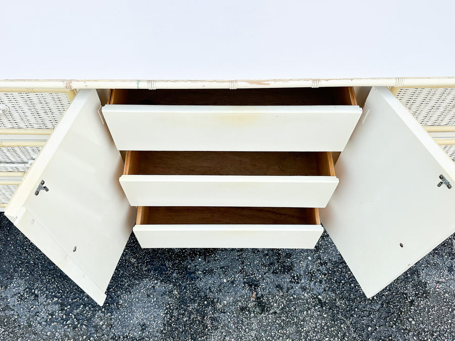 Yellow and White Faux Bamboo and Rattan Dresser
