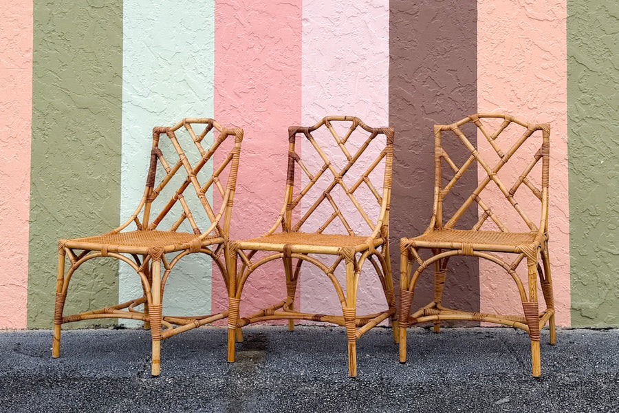 Set of Six Chippendale Rattan Dining Chairs