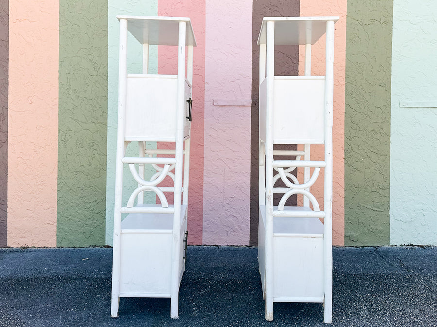 Pair of White Rattan Etageres