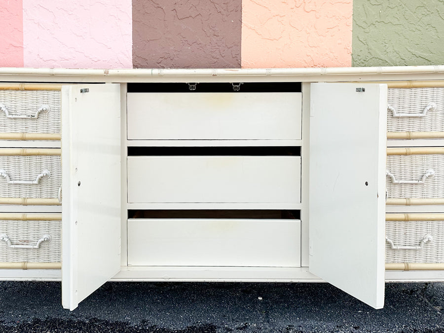 Yellow and White Faux Bamboo and Rattan Dresser
