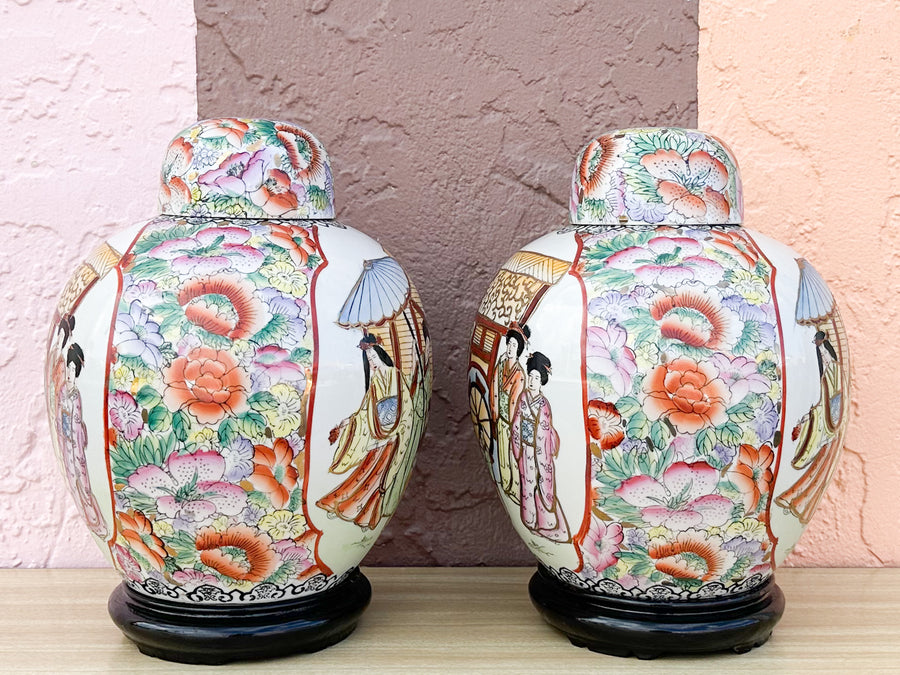 Pair of Colorful Chinoiserie Temple Jars