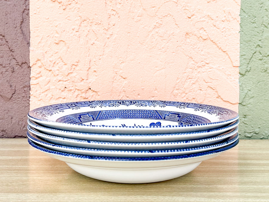 Set of Four Blue and White Pagoda Serving Bowls