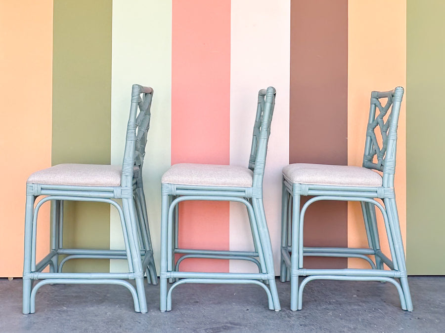 Set of Three Chippendale Rattan Counter Stools