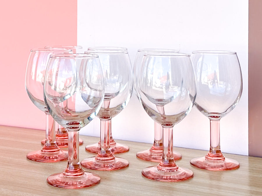 Set of Eight Pink Stem Glassware