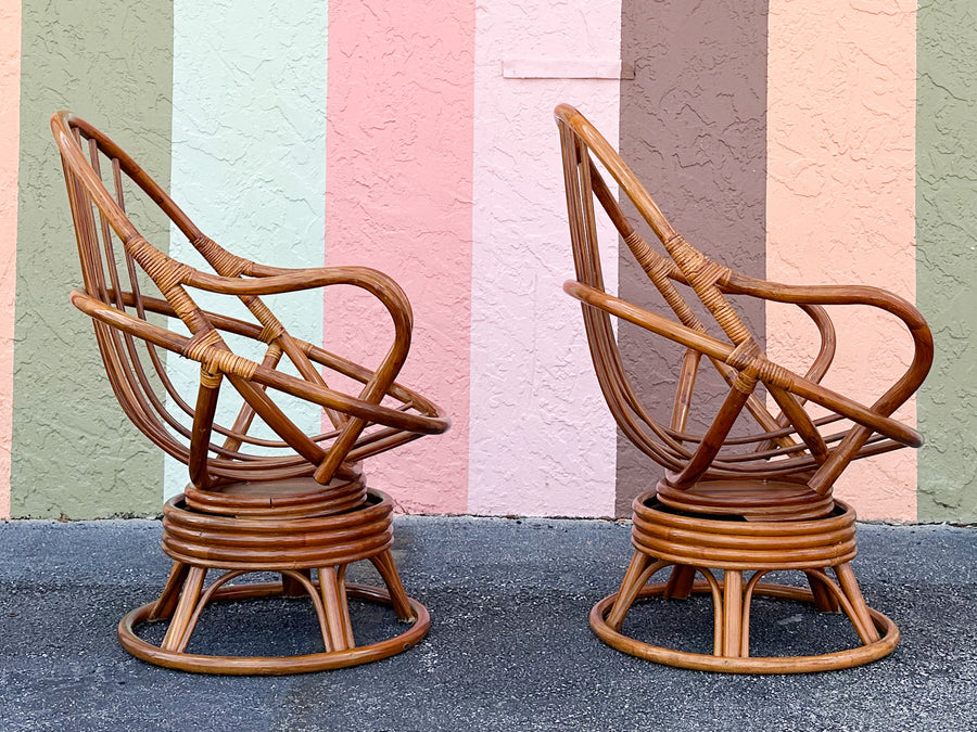 Pair of Old Florida Rattan Swivel Chairs and Ottoman