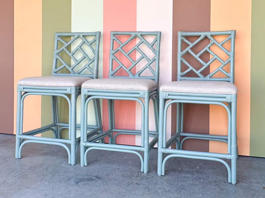 Set of Three Chippendale Rattan Counter Stools