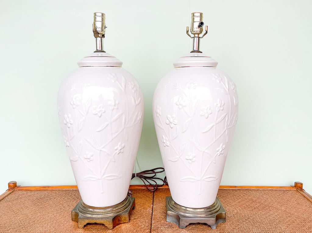 Warehouse Wednesday Sale: Pair of Large Cream Floral Lamps