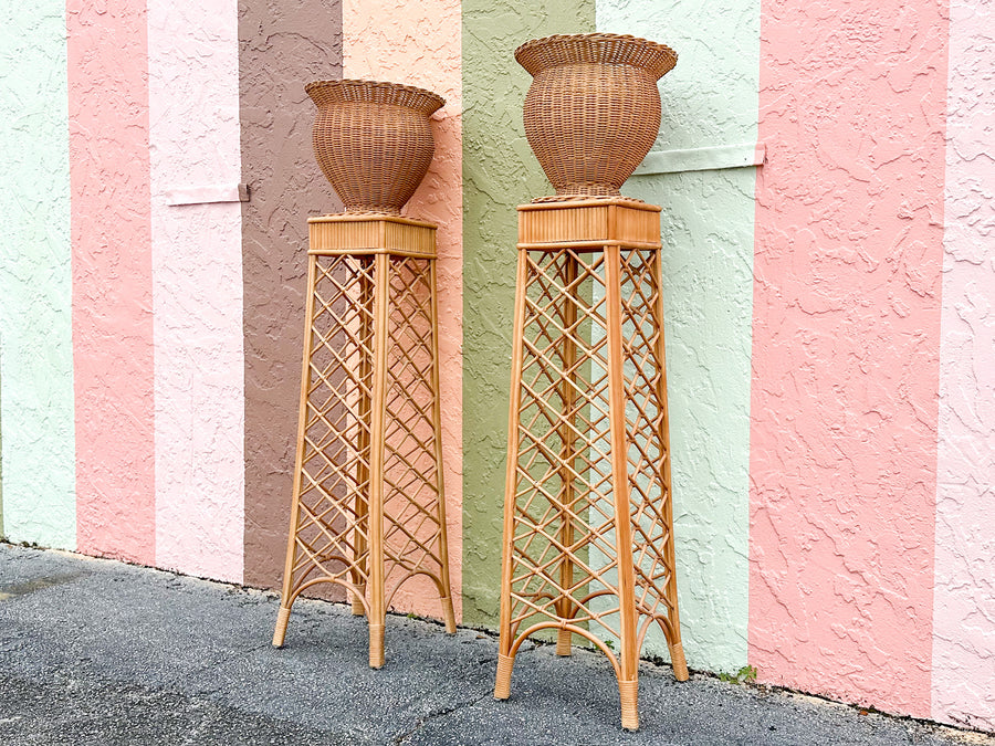 Pair of Wicker Urn Pedestal Plant Stands