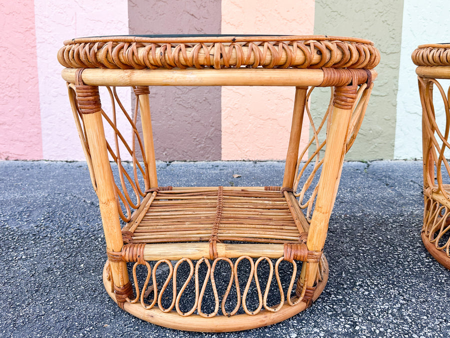 Pair of Coastal Rattan Side Tables