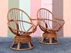 Pair of Old Florida Rattan Swivel Chairs and Ottoman