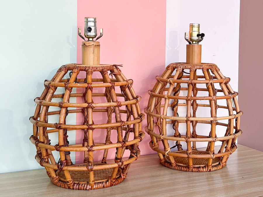 Pair of Rattan Cage Lamps