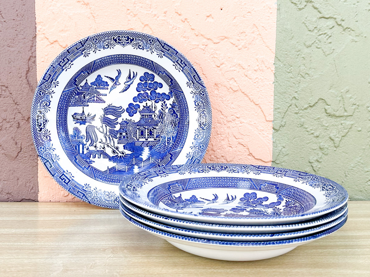 Set of Four Blue and White Pagoda Serving Bowls