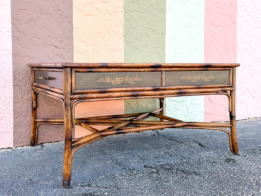 Theodore Alexander Chinoiserie Tortoiseshell Rattan Coffee Table