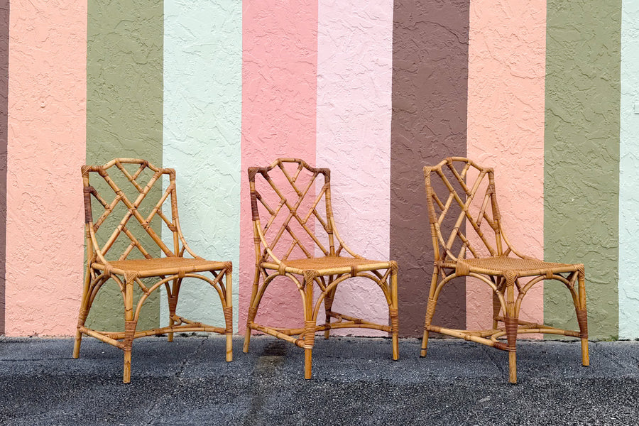 Set of Six Chippendale Rattan Dining Chairs