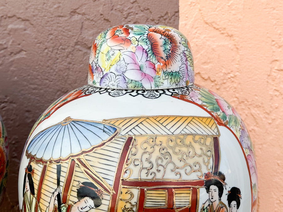 Pair of Colorful Chinoiserie Temple Jars