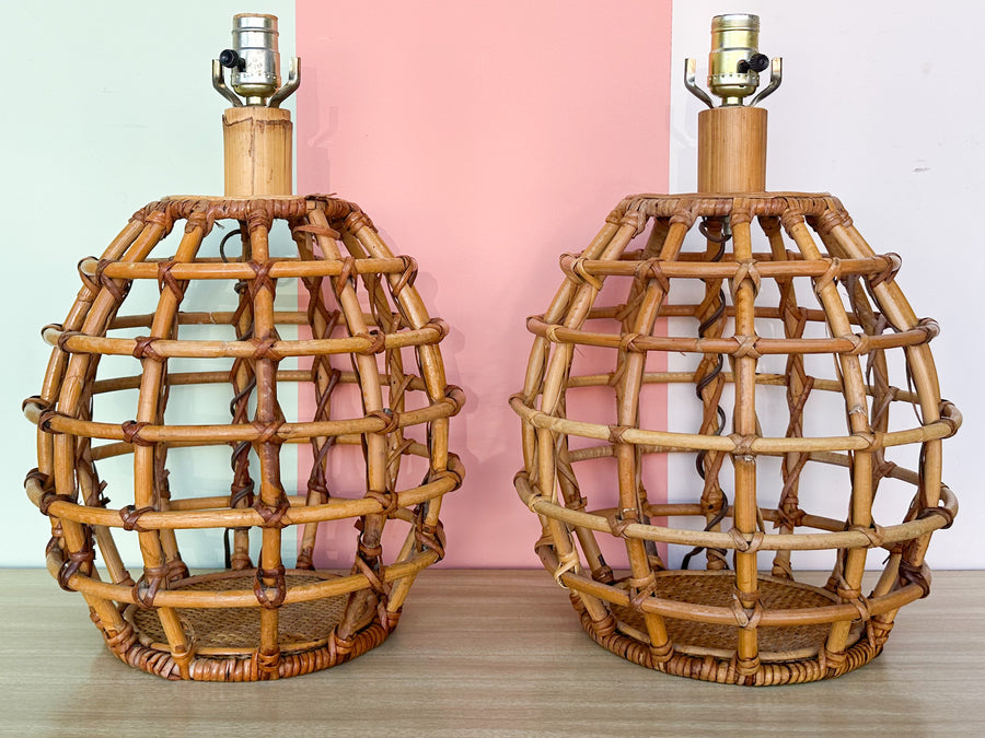 Pair of Rattan Cage Lamps