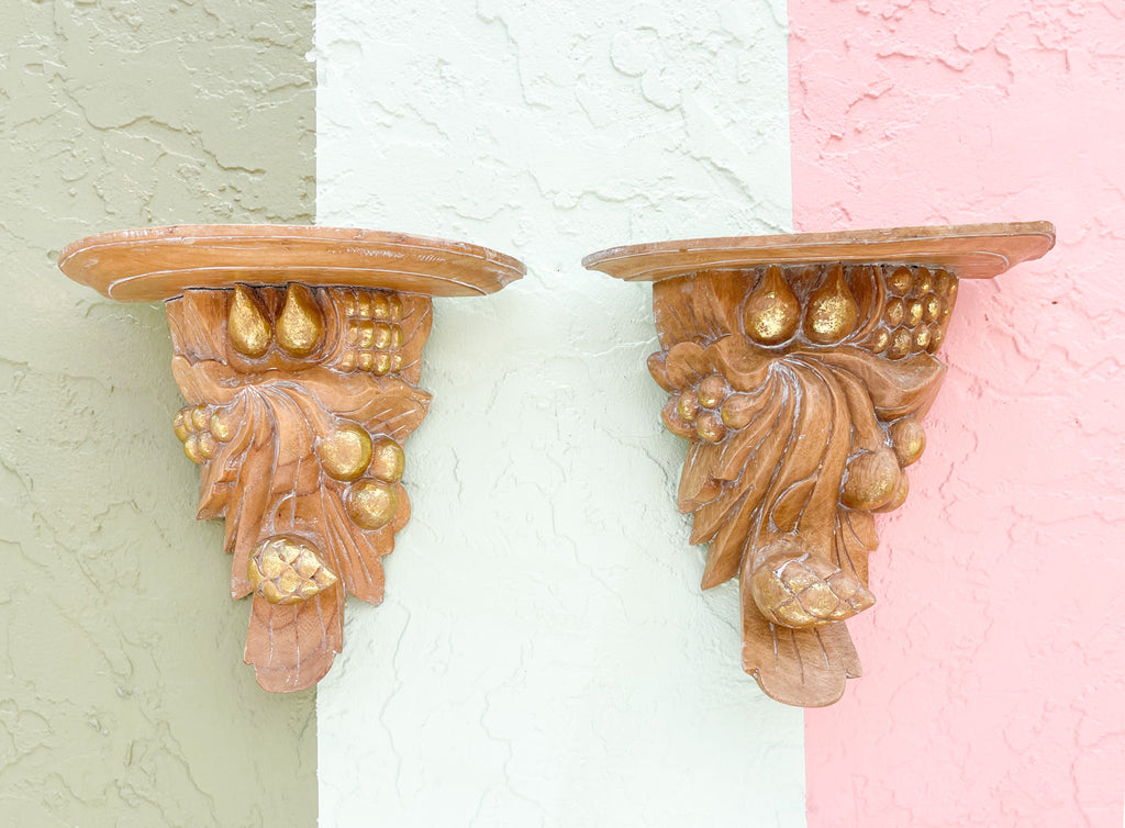 Pair of Wood Carved Seed and Berry Wall Shelves