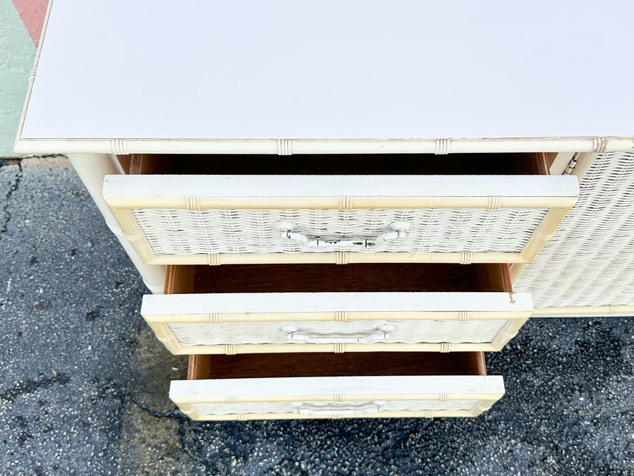 Yellow and White Faux Bamboo and Rattan Dresser