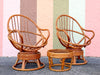 Pair of Old Florida Rattan Swivel Chairs and Ottoman