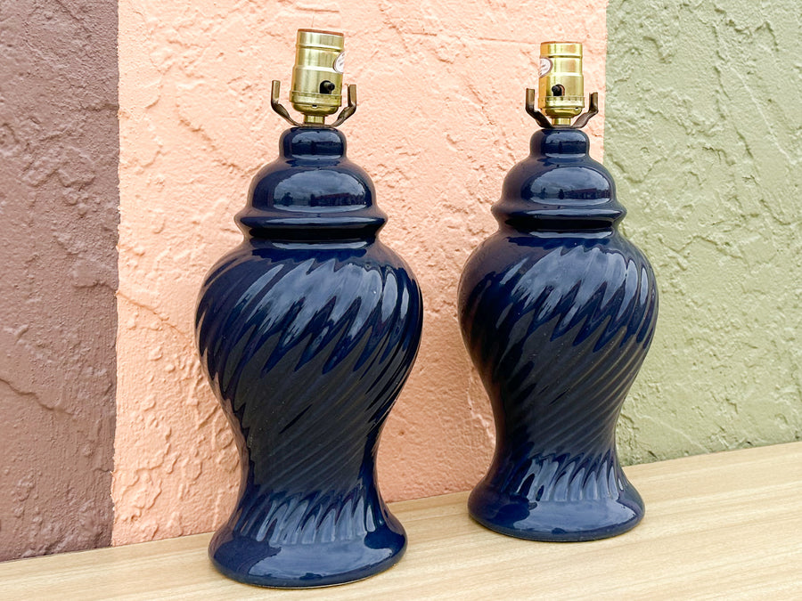 Pair of Petite Navy Swirl Ginger Jar Lamps