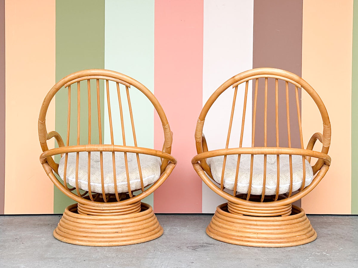 Pair of Old Florida Swivel and Rocking Rattan Chairs