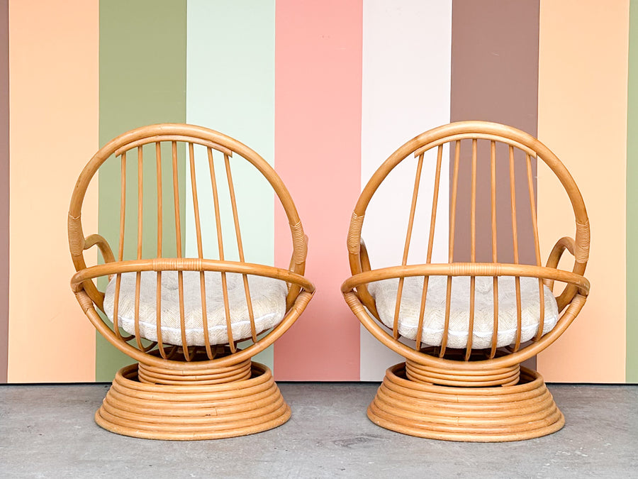 Pair of Old Florida Swivel and Rocking Rattan Chairs