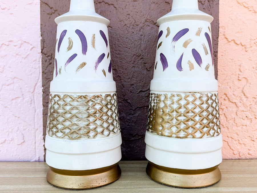 Pair of MCM Lavender and Gold Lamps