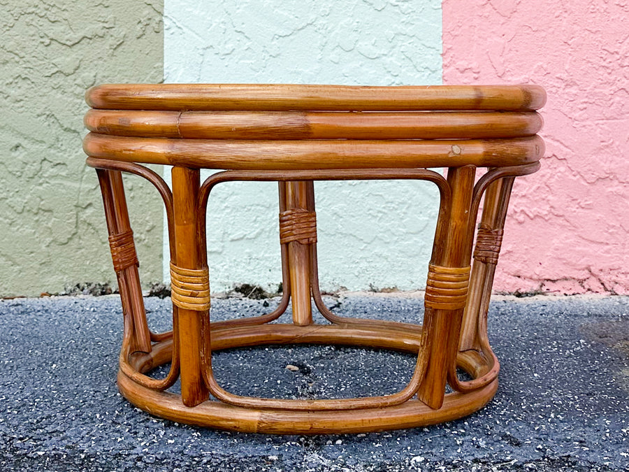 Pair of Old Florida Rattan Swivel Chairs and Ottoman