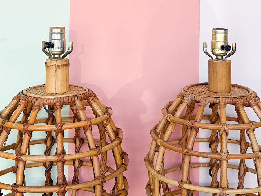 Pair of Rattan Cage Lamps