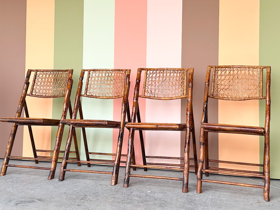 Set of Four Bamboo and Cane Folding Chairs