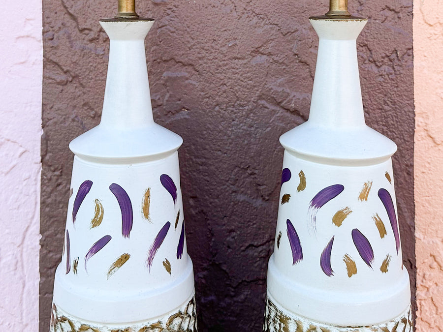 Pair of MCM Lavender and Gold Lamps