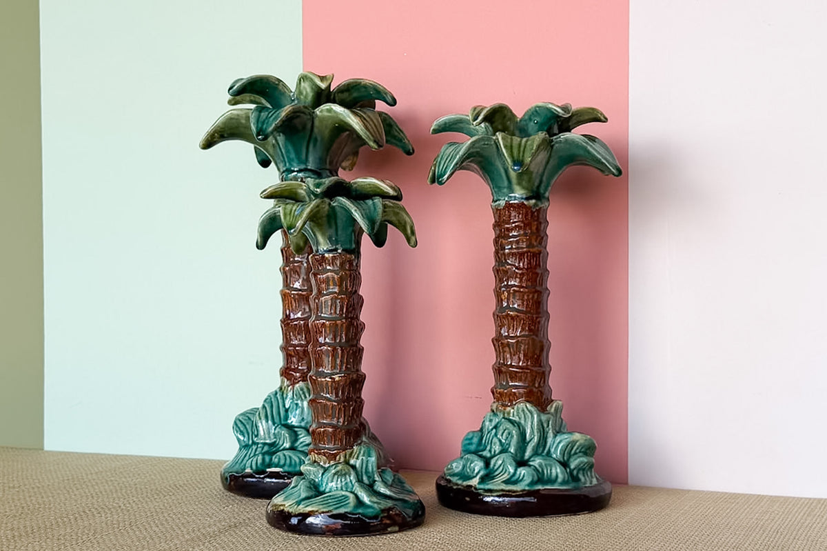 Trio of Majolica Palm Tree Candle Holders