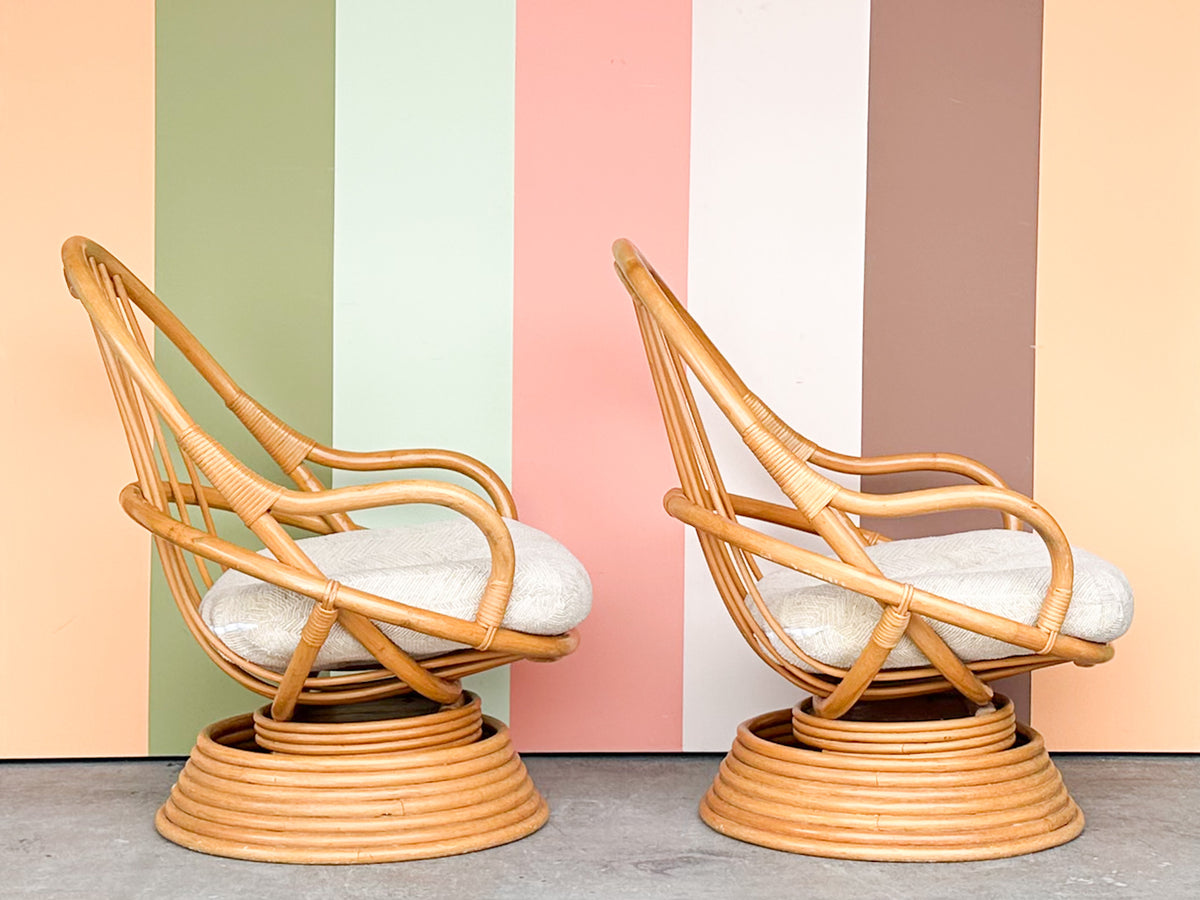 Pair of Old Florida Swivel and Rocking Rattan Chairs