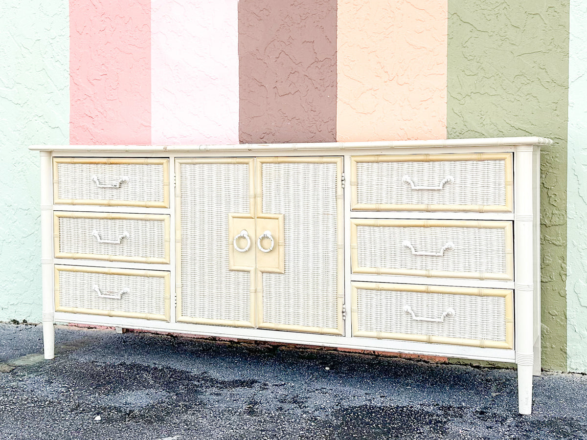 Yellow and White Faux Bamboo and Rattan Dresser