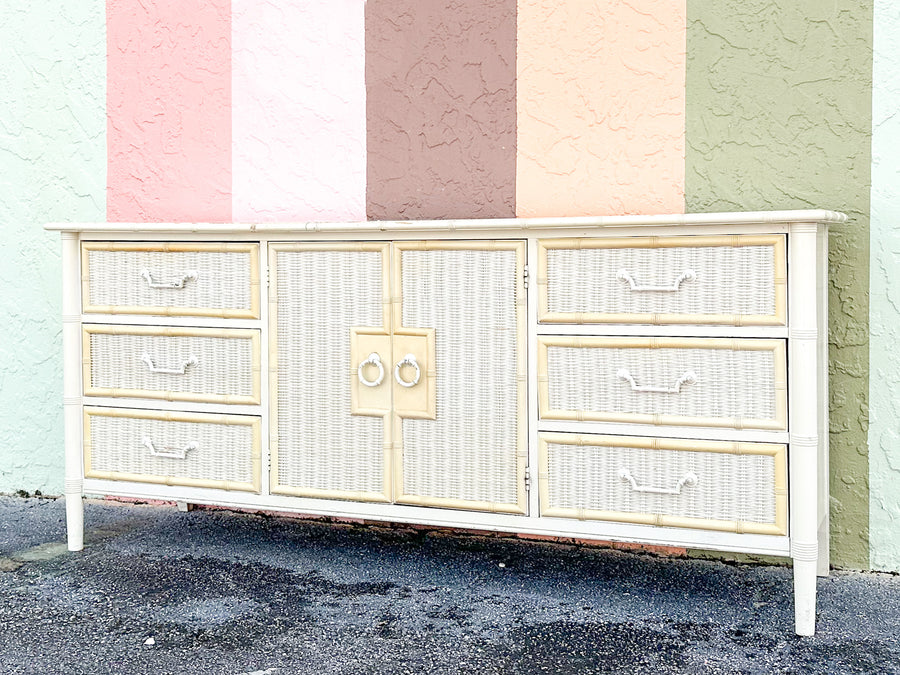 Yellow and White Faux Bamboo and Rattan Dresser