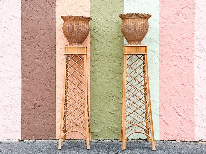 Pair of Wicker Urn Pedestal Plant Stands