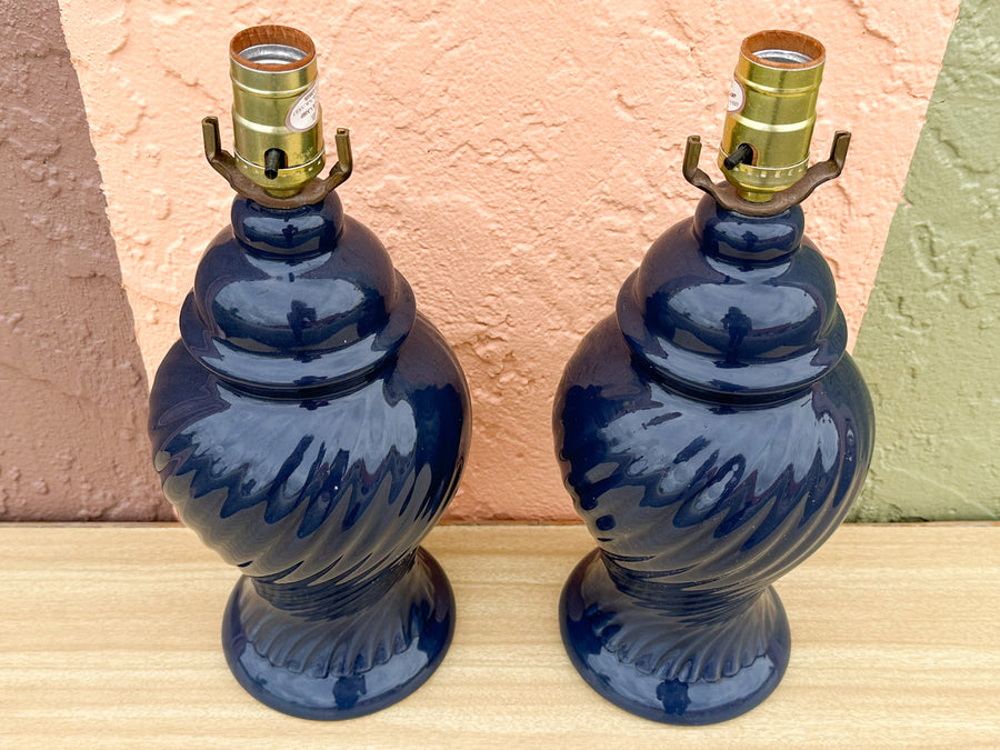 Pair of Petite Navy Swirl Ginger Jar Lamps