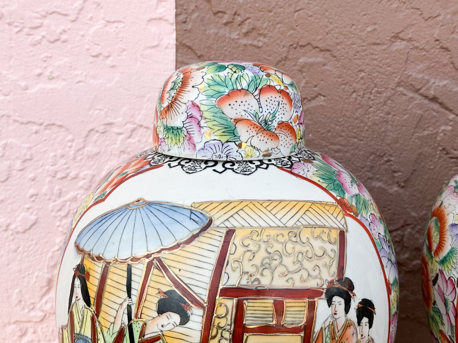 Pair of Colorful Chinoiserie Temple Jars