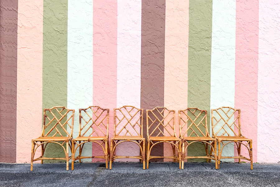 Set of Six Chippendale Rattan Dining Chairs