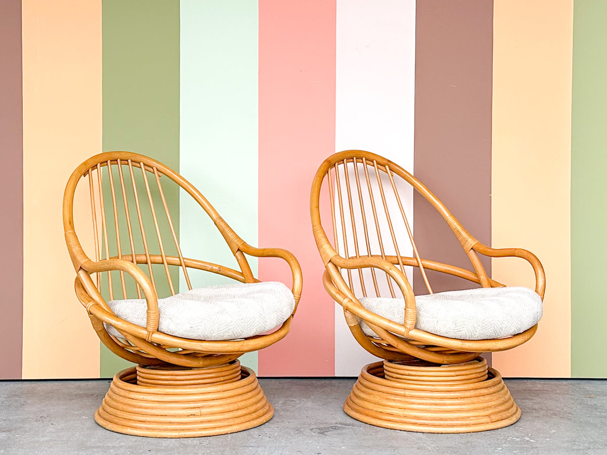 Pair of Old Florida Swivel and Rocking Rattan Chairs