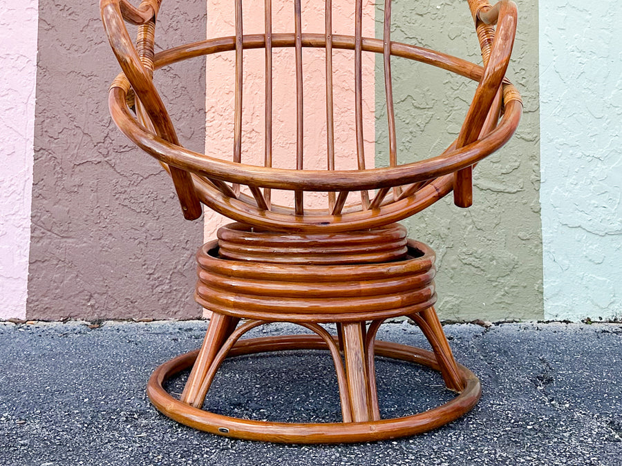 Pair of Old Florida Rattan Swivel Chairs and Ottoman