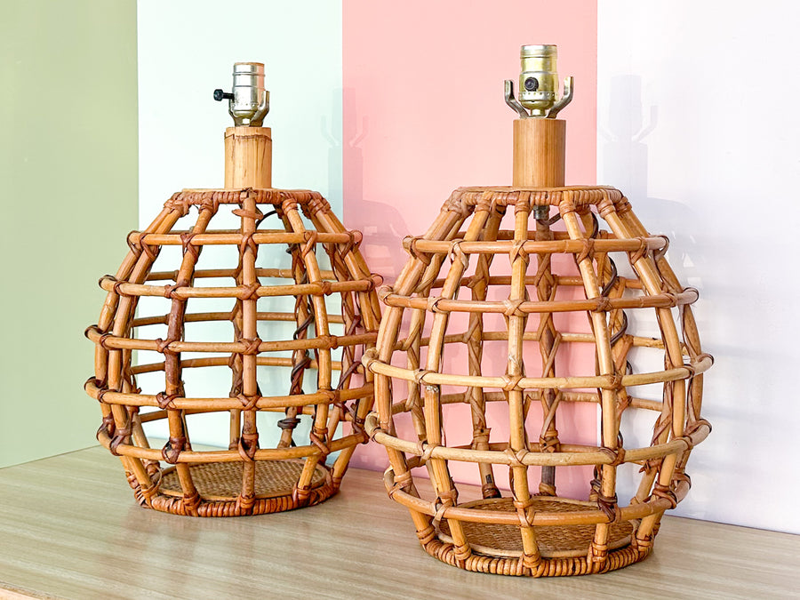 Pair of Rattan Cage Lamps