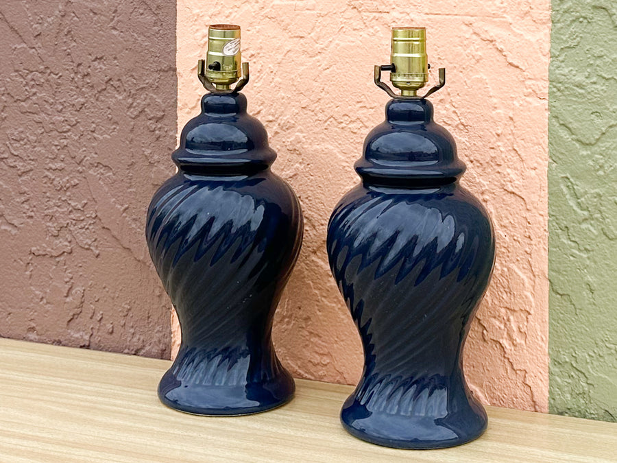 Pair of Petite Navy Swirl Ginger Jar Lamps