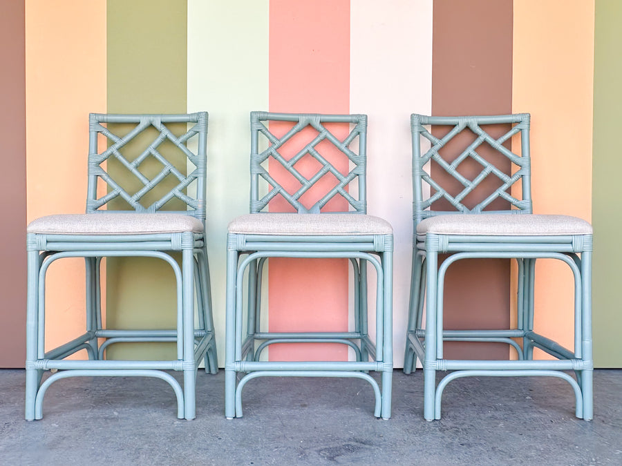 Set of Three Chippendale Rattan Counter Stools
