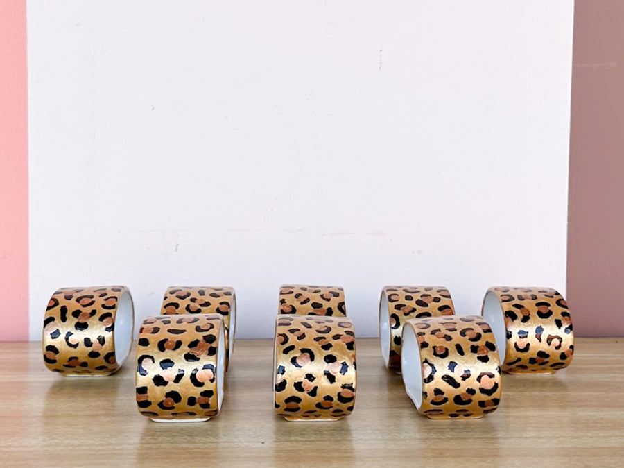 Set of Eight Hand Painted Cheetah Napkin Rings and Knife Rests