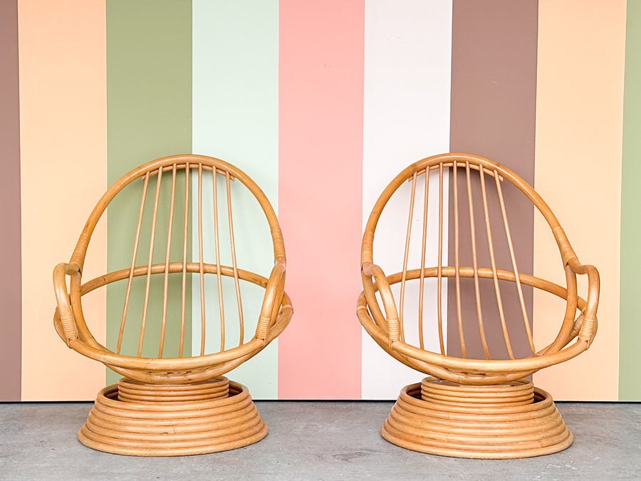 Pair of Old Florida Swivel and Rocking Rattan Chairs